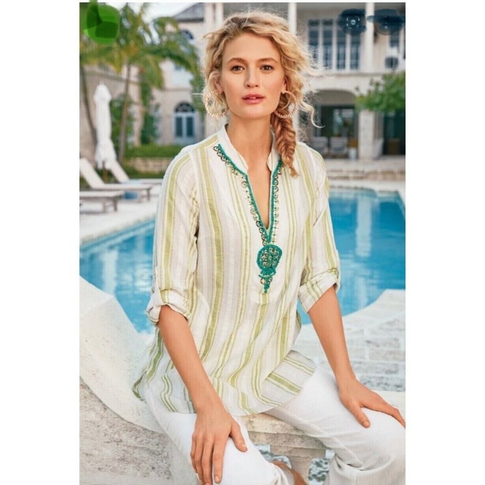 Soft Surroundings Elisha Tunic Shirt Top Yellow White Stripe Womens Plus Size 1X